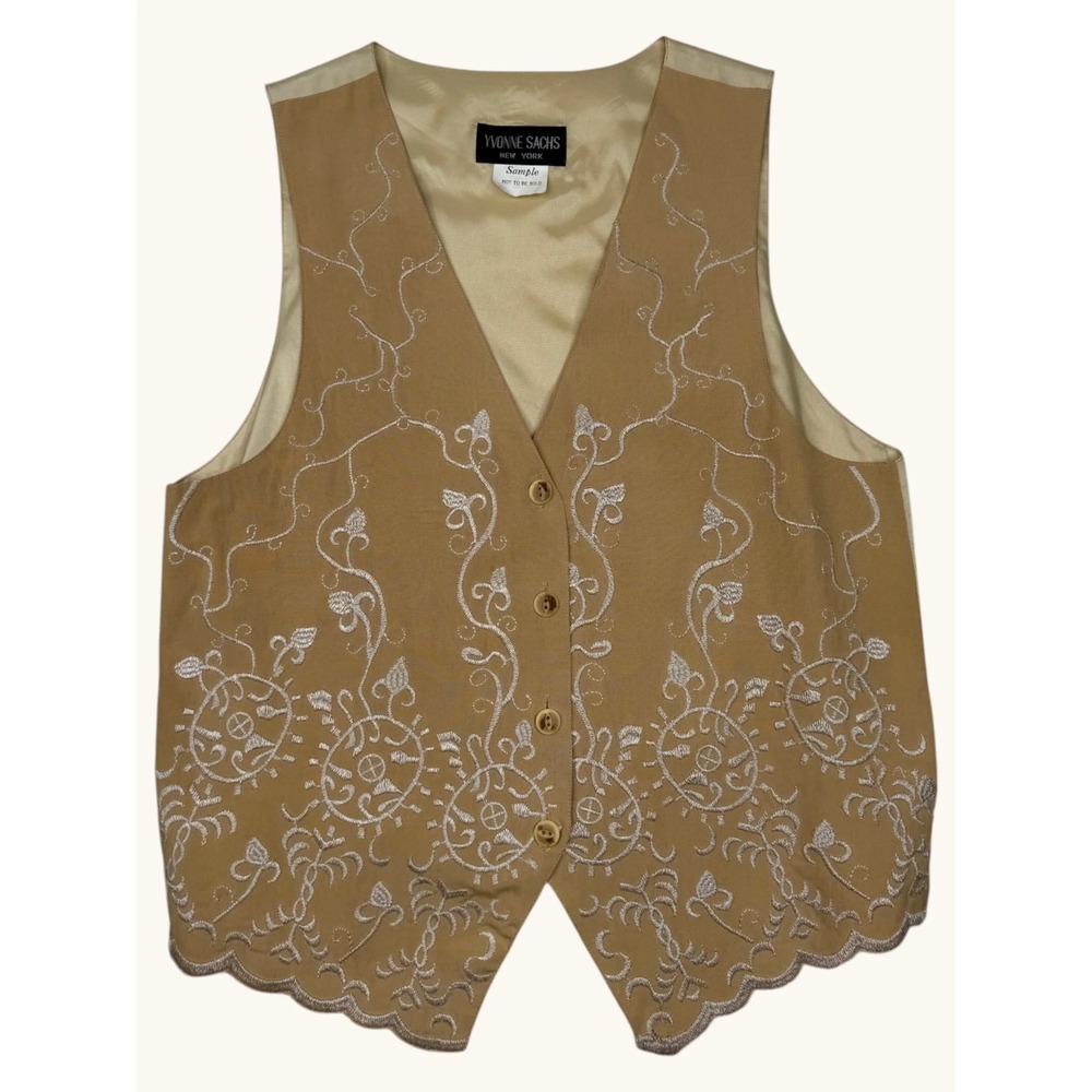 Yvonne Sachs New York Tan Embroidered Vest Scalloped Hem Tie Back Sample Sz S/M